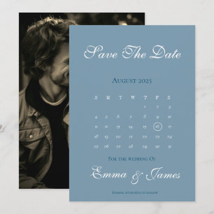 Dusty Blue Calendar Save The Date with Photo Invitation