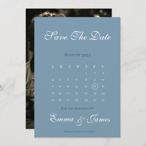 Dusty Blue Calendar Save The Date with Photo Invitation