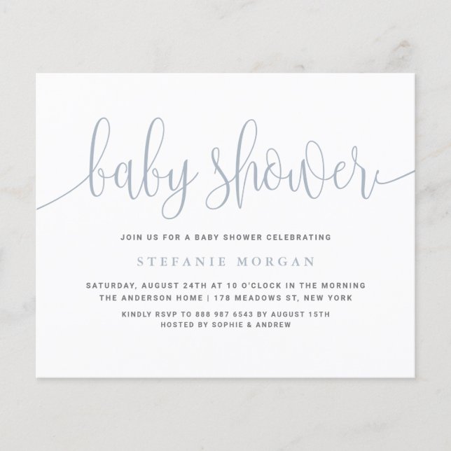 Dusty Blue Calligraphy Baby Shower Invitation (Front)