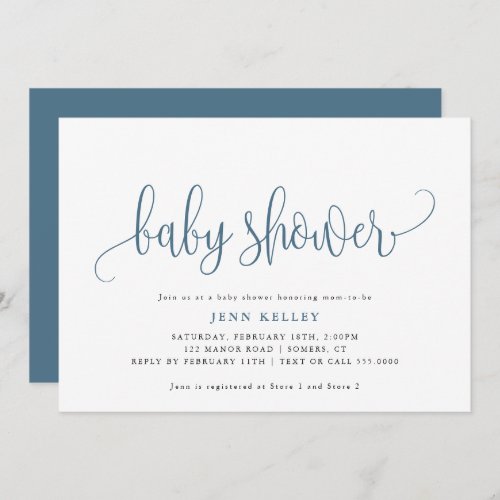 Dusty Blue Calligraphy Baby Shower Invitation