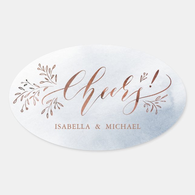 Dusty blue calligraphy cheers rustic floral oval sticker (Front)