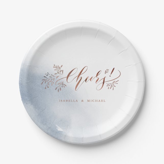 Dusty blue calligraphy cheers rustic floral party paper plates (Front)