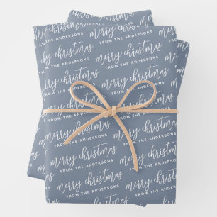 Dusty Blue Calligraphy Merry Christmas Family Wrapping Paper Sheets