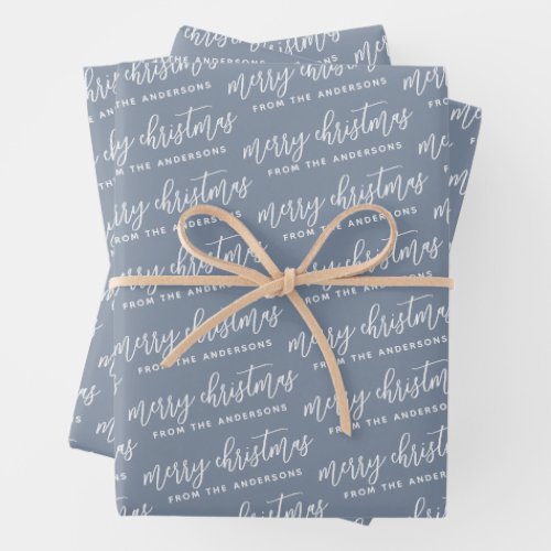 Dusty Blue Calligraphy Merry Christmas Family Wrapping Paper Sheets