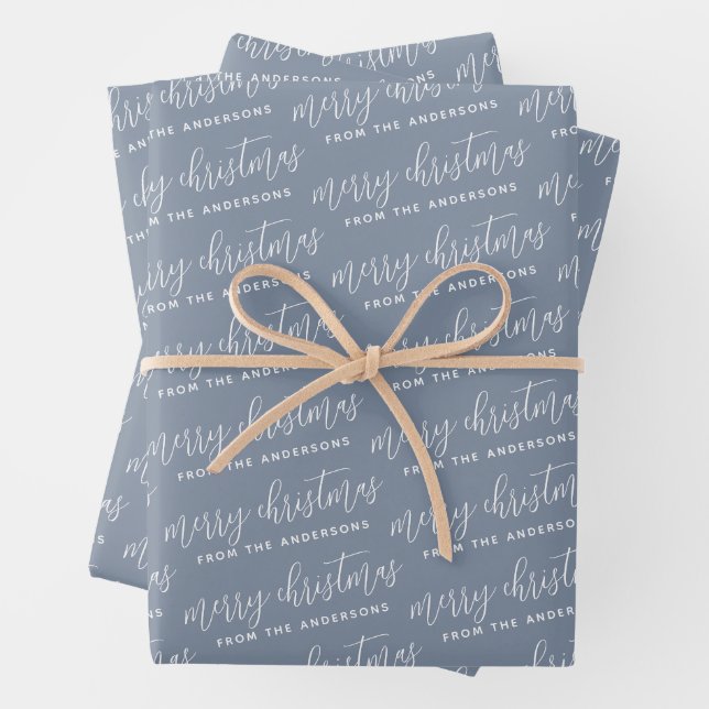 Dusty Blue Calligraphy Merry Christmas Family Wrapping Paper Sheets (In situ)