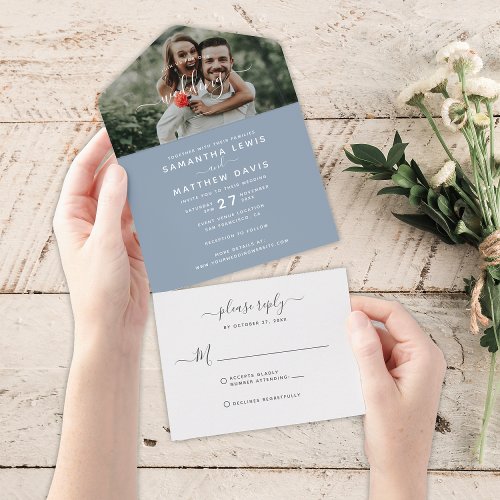 Dusty Blue Calligraphy Photo Wedding All In One Invitation