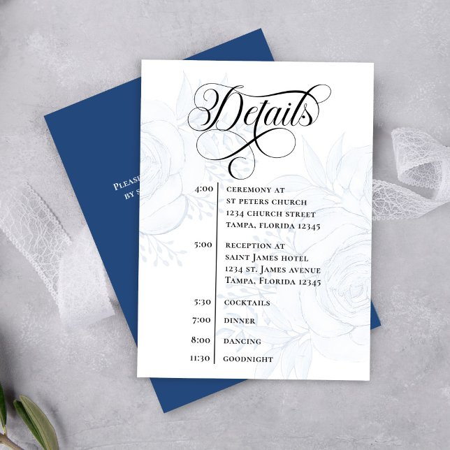 Dusty Blue Calligraphy QR Code Wedding Details Enclosure Card (Elegant dusty blue floral wedding details card with modern calligraphy and timeline layout)