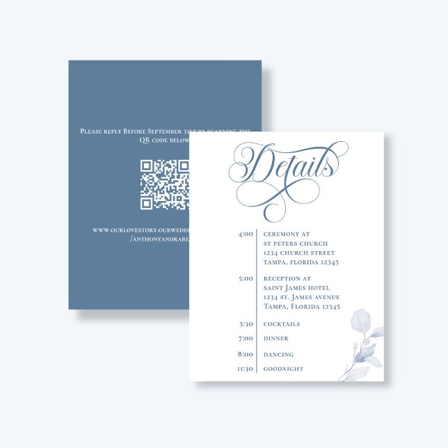 Dusty Blue Calligraphy QR Code Wedding Details RSVP Card (Elegant dusty blue wedding details card with QR code and calligraphy timeline design)