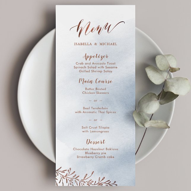 Dusty blue calligraphy rustic floral wedding menu (Dusty blue calligraphy rustic floral wedding menu)