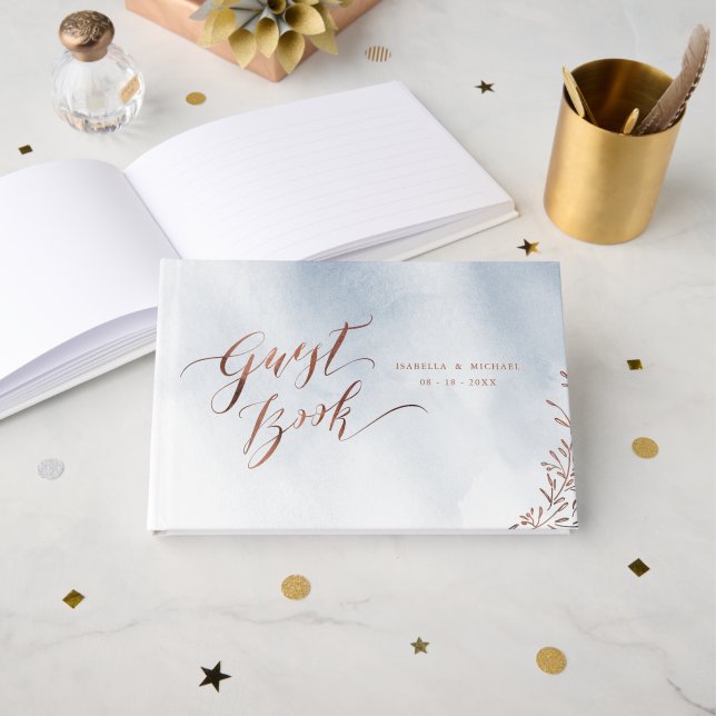 Dusty blue calligraphy rustic wedding guest book (Front Open)