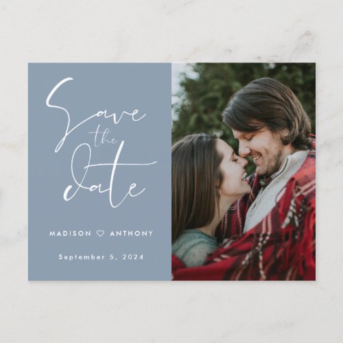 Dusty Blue Calligraphy Save the Date Wedding Photo Invitation Postcard