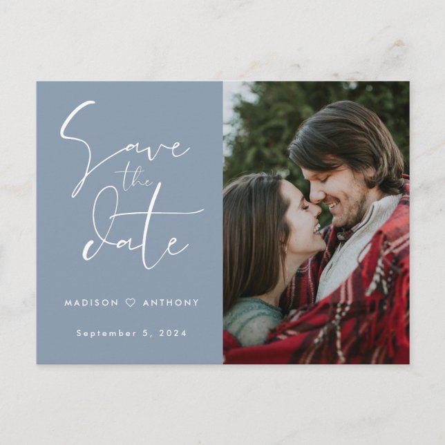 Dusty Blue Calligraphy Save the Date Wedding Photo Invitation Postcard (Front)