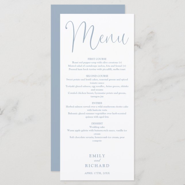Dusty Blue Calligraphy Script Wedding Menu (Front/Back)