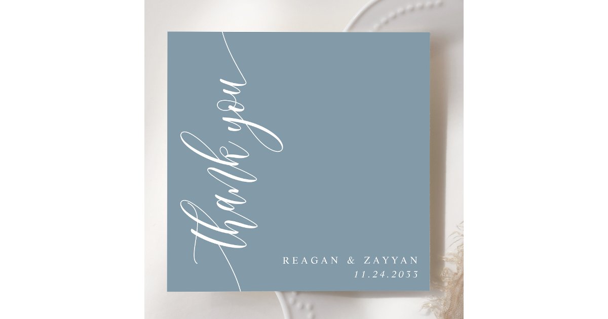 Dusty Blue Calligraphy Script Wedding Thank You Card | Zazzle