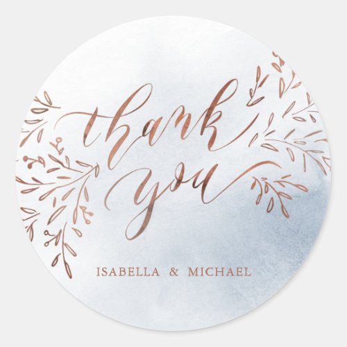 Dusty blue calligraphy thank you rustic floral classic round sticker