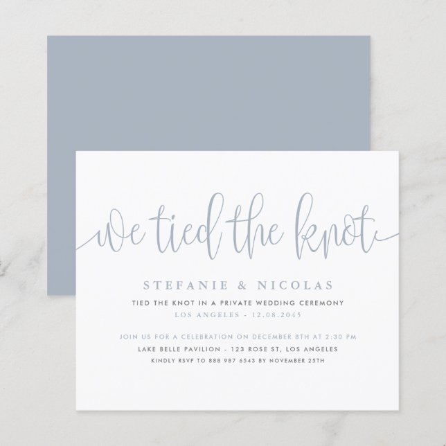 Dusty Blue Calligraphy We Tied The Knot Invitation (Front/Back)