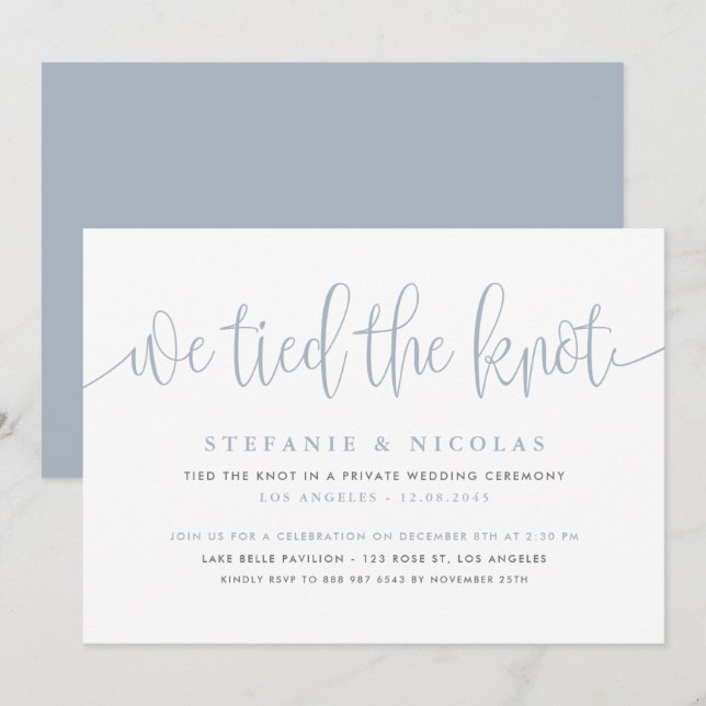 Dusty Blue Calligraphy We Tied The Knot Wedding Invitation (Front/Back)