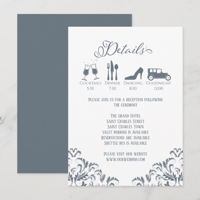 Dusty Blue Calligraphy Wedding Details Elegant Enclosure Card (Front/Back)