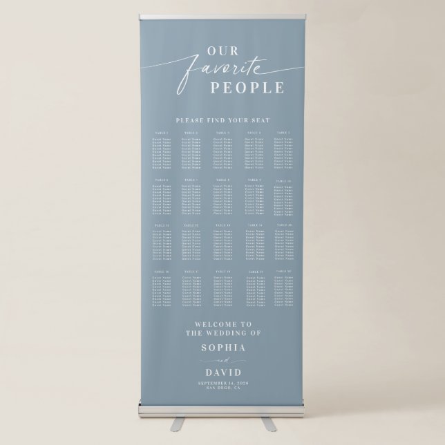 Dusty Blue Calligraphy Wedding Seating Chart Retractable Banner (Front)