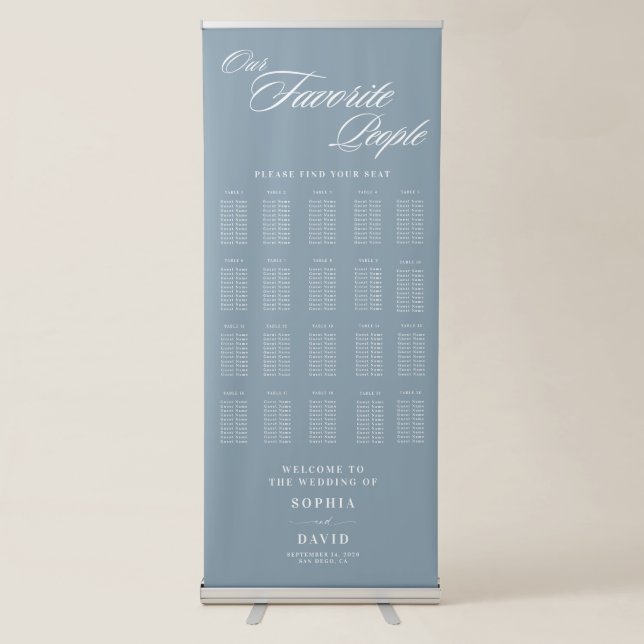 Dusty Blue Calligraphy Wedding Seating Chart Retractable Banner (Front)