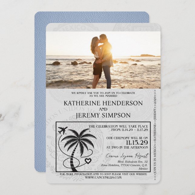 Dusty Blue Cancun Passport Wedding Invitation (Front/Back)