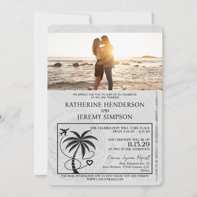 Dusty Blue Cancun Passport Wedding Invitation (Front)