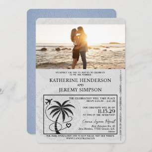 Dusty Blue Cancun Passport Wedding Invitation