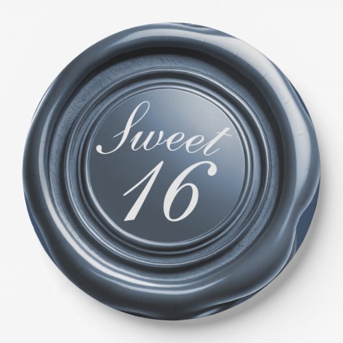 Dusty Blue Candle Wax Seal Drip Sweet 16 Wedding Paper Plates