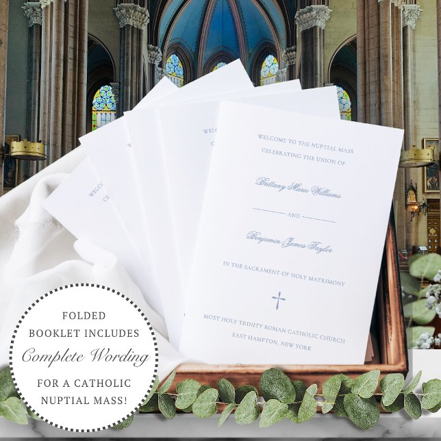 Dusty Blue Catholic Wedding Mass Ceremony Program (Dusty blue Catholic wedding mass program with elegant calligraphy script.)