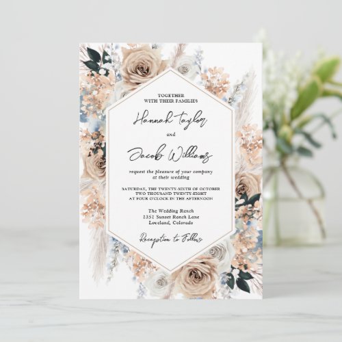 Dusty Blue Champagne Floral Wedding Invitation