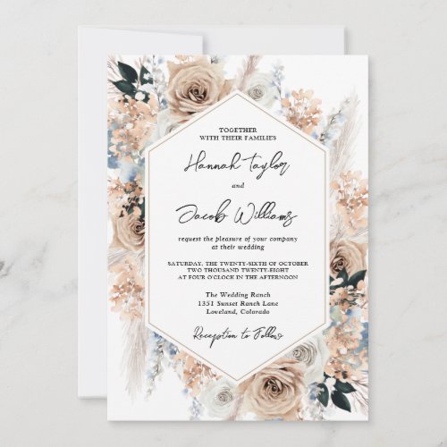 Dusty Blue Champagne Floral Wedding QR Code RSVP Invitation
