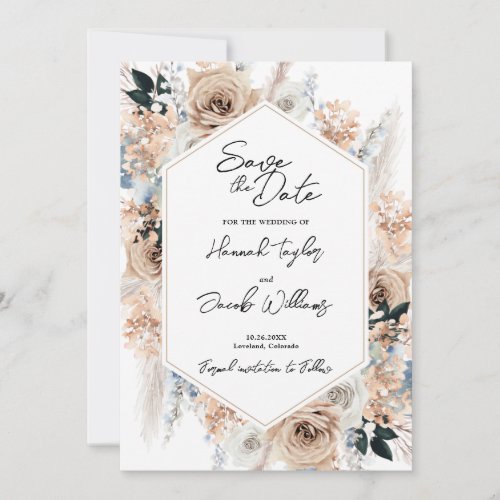 Dusty Blue Champagne Floral Wedding Save the Date