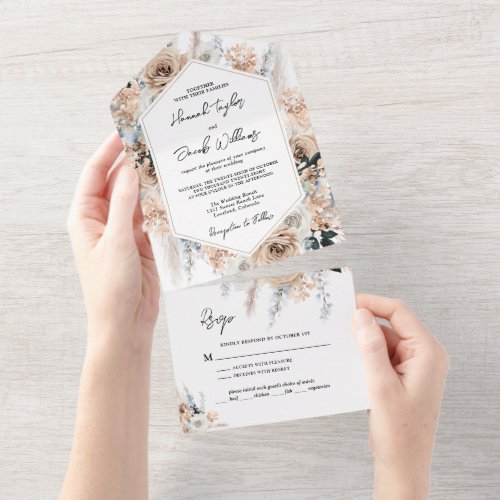 Dusty Blue Champagne Floral Wedding with RSVP All In One Invitation