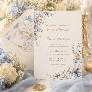 Dusty Blue Champagne Ivory Botanical Wedding Invitation