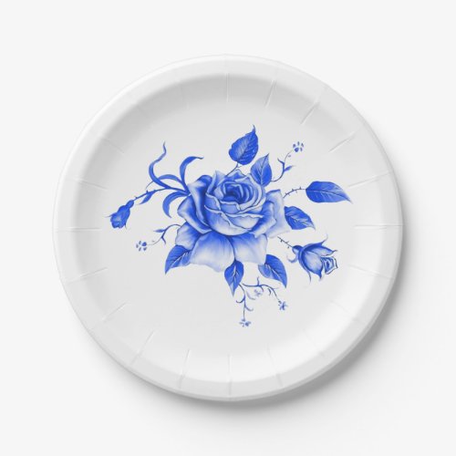 Dusty Blue Champagne Ivory Floral pattern   Paper Plates