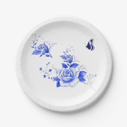 Dusty Blue Champagne Ivory Floral pattern  Paper Plates