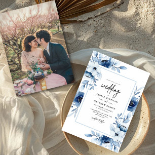 Dusty Blue Champagne Ivory Floral Photo Wedding Invitation