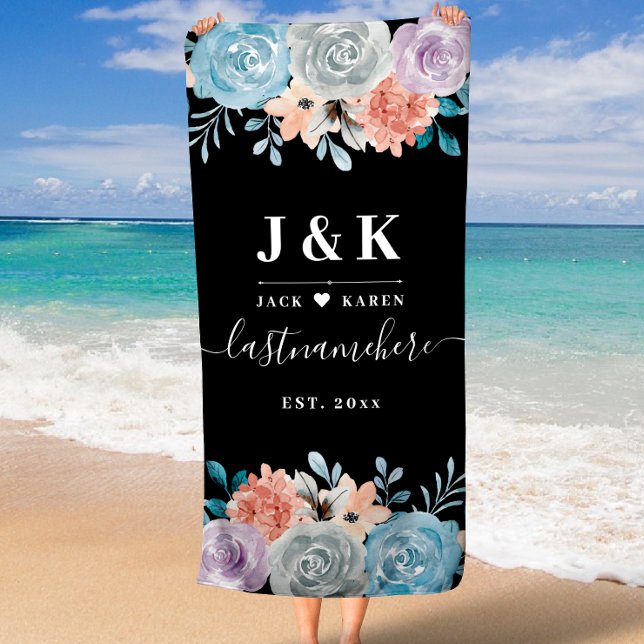 Dusty Blue Champagne Ivory Floral Wedding Bride  Beach Towel (Dusty Blue Champagne Ivory Floral Wedding Bride Beach Towel)