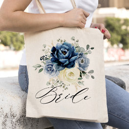 Dusty Blue Champagne Ivory Floral Wedding Bride Tote Bag