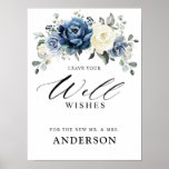 Dusty Blue Champagne Ivory Floral Well Wishes  Poster<br><div class="desc">Dusty blue floral bridal shower / wedding well wishes for the new Mr. And Mrs. featuring elegant bouquet of navy blue, royal blue , white , gold, champagne ivory, blush color rose , ranunculus flower buds and sage green eucalyptus leaves and elegant watercolor bouquet. Please contact me for any help...</div>