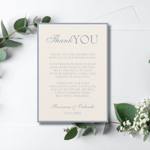 Dusty Blue Champagne Old Money Wedding Thank You Announcement