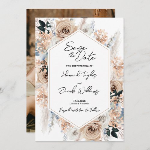 Dusty Blue Champagne Wedding Photo Save the Date