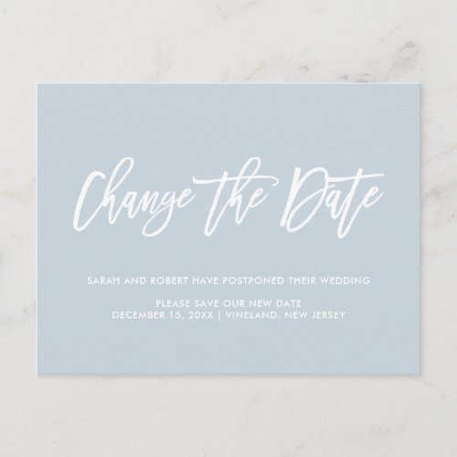 Dusty Blue Change date Postponed Cancelled wedding Announcement Postcard