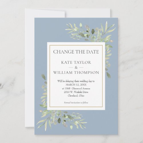 Dusty Blue Change the Date Watercolor Greenery Save The Date