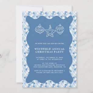 Dusty Blue Check Pattern Christmas Party Invitation