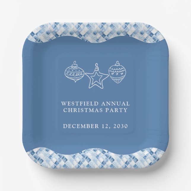 Dusty Blue Check Pattern Christmas Party Paper Plates (Front)