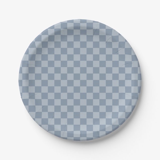 Dusty Blue Checkerboard Paper Plates (Front)