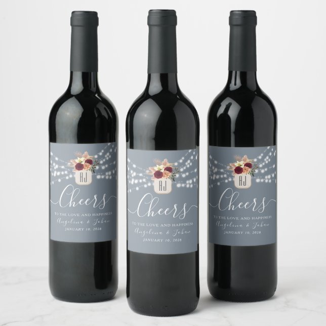 Dusty Blue Cheers Wedding Wine Label (Bottles)