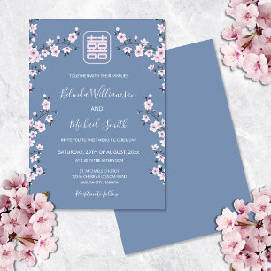 Dusty Blue Cherry Blossom Chinese Wedding Invitation