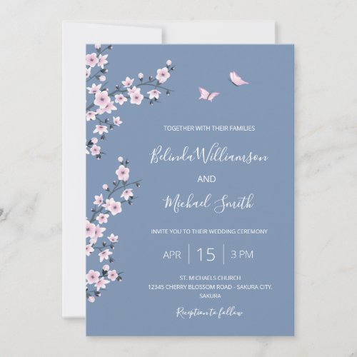 Dusty Blue Cherry Blossom Wedding Invitation